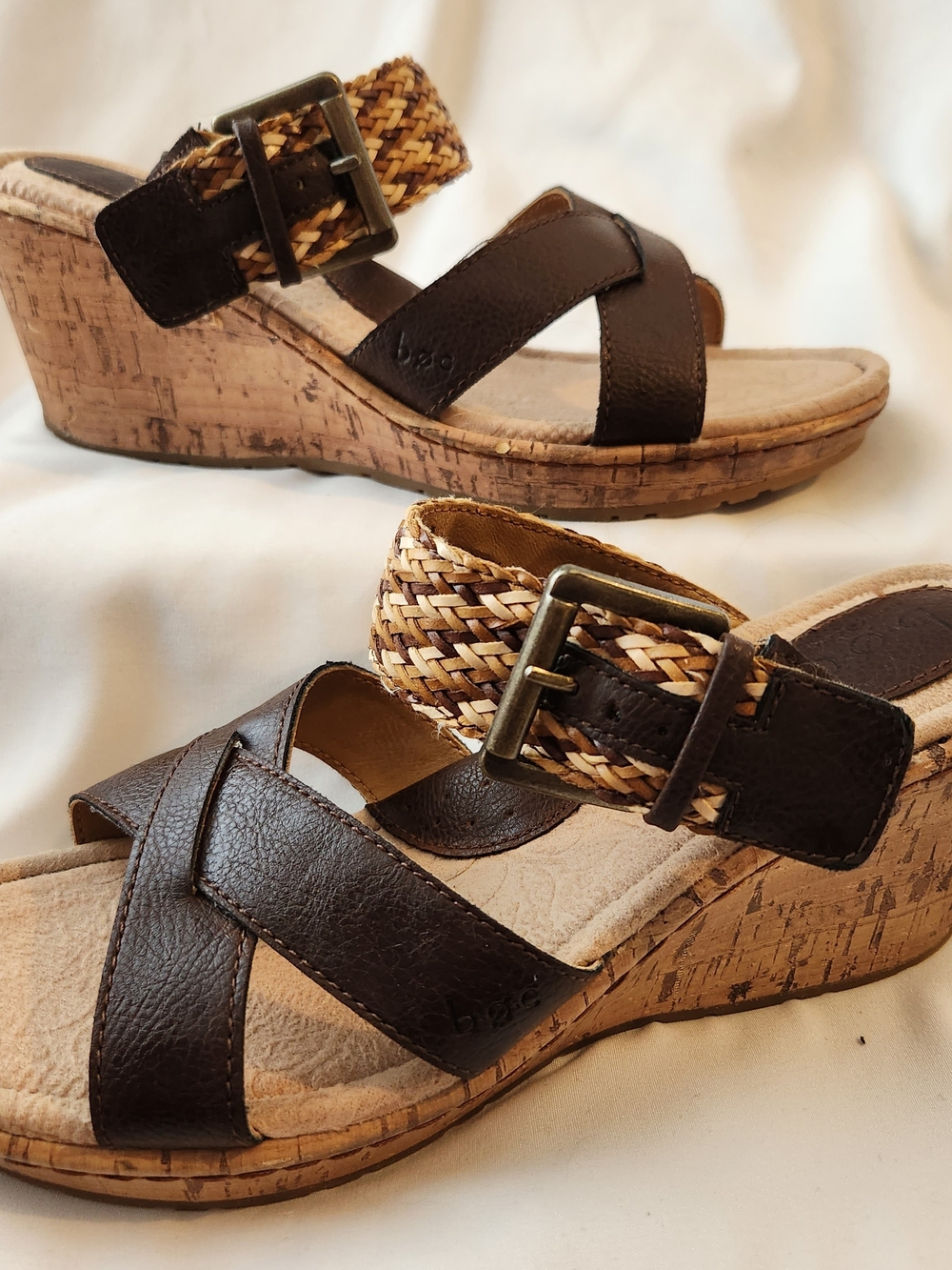 b.o.c. a Born Concept Size 9 Brown Leather Braided Cork Wedges Heel Shoes Sandal - Picture 11 of 13